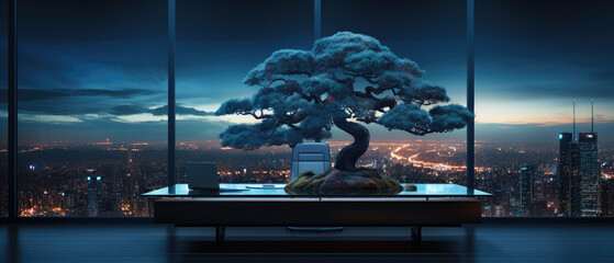 A robust bonsai tree, the interior of a modern office