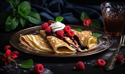 Beautiful food photograph of French tasty Mardi Gras flat crepe pancake on silver plate, delicious...