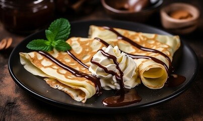 Photograph of the world's most gourmet tastiest dessert ever, pancake crepe with Chantilly whipped...
