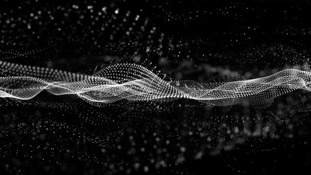 Flowing white dots and particles on a black background. Abstract digital particle and dot wave light abstract background, animation cyber, or technology background. 3D abstract animation