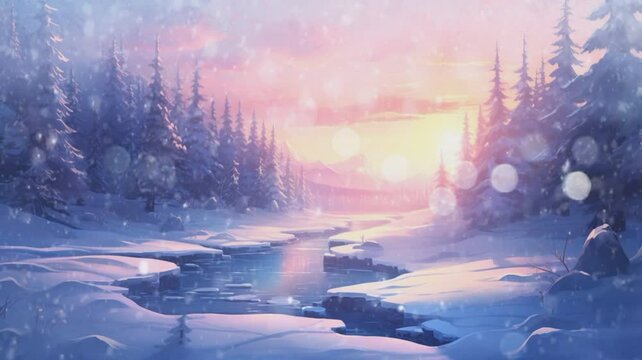 Winter river forest scene with snowfall in the middle of sunrise Seamless looping time-lapse animation background. Generative AI