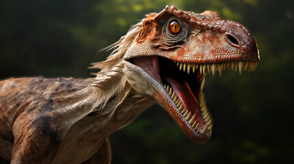 velociraptor dinosaur with its jaws open and teeth showing,  profile picture closeup