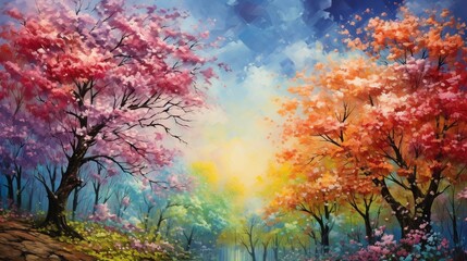 A symphony of colors unfolds in the sky, creating a mesmerizing backdrop to the blossoming trees in spring.