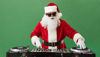 Cool Santa Claus Playing DJ Music in Club, GREEN background, long shot