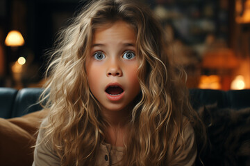 little girl is expressive telling something in living room at home - obrazy, fototapety, plakaty