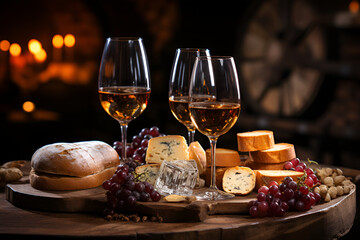 Glass and wine and bread, cheese and grape on the background of barrels in the cellar, - obrazy, fototapety, plakaty