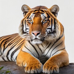 Obraz premium Tiger lying down isolated on white background