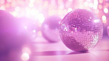 A sparkling pink disco ball glimmers against a backdrop of soft bokeh lights, evoking a festive party atmosphere.