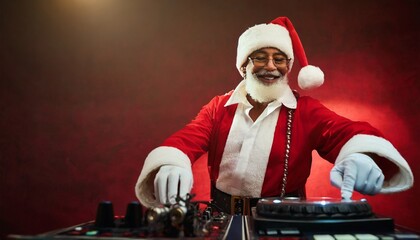 Retired old Santa Claus DJ Music in Club, red background 
