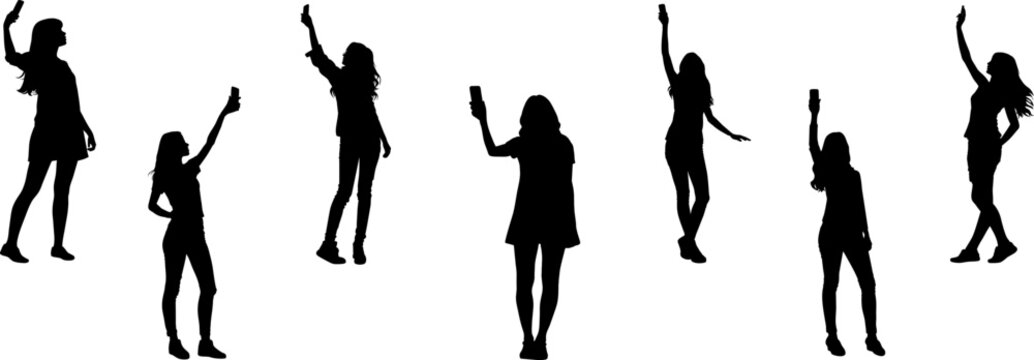 Women taking selfie and talking on mobile phone. Set of women taking selfie silhouette vector illustration.