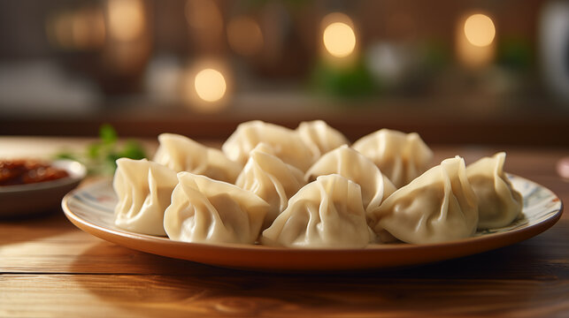 Picture of a plate of dumplings on wooden table
