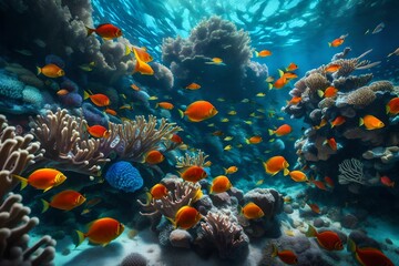 Deep Dive Underwater, a close-up of a vibrant coral reef teeming with exotic fish, intricate details of the coral formations, crystal clear blue water creating a surreal and mesmerizing scene.