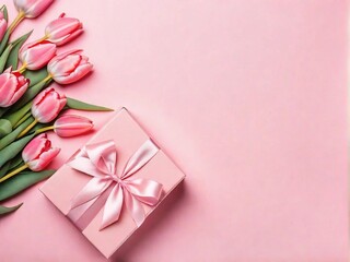 Gift box tulip flower top view copy space pink background greeting card