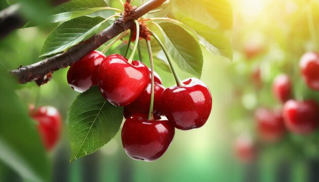 Red cherries on tree in cherry orchard
