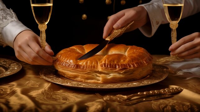 Elegant hands of two people holding beautiful glasses of champagne and cutting a kings cake galette des rois or puff pastry tart, pie or cobbler with an ancient knife, wonderful antique tableware