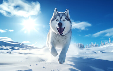 Un chien de race husky sibérien courant dans la neige