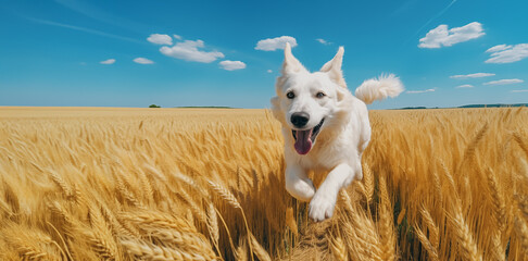 Un chien de race berger blanc suisse courant dans un champ de blé - obrazy, fototapety, plakaty