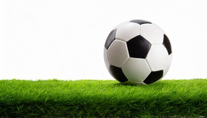 Soccer ball green grass floor and white background, text space