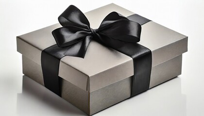 Gift box with black ribbon bow, isolated on white background