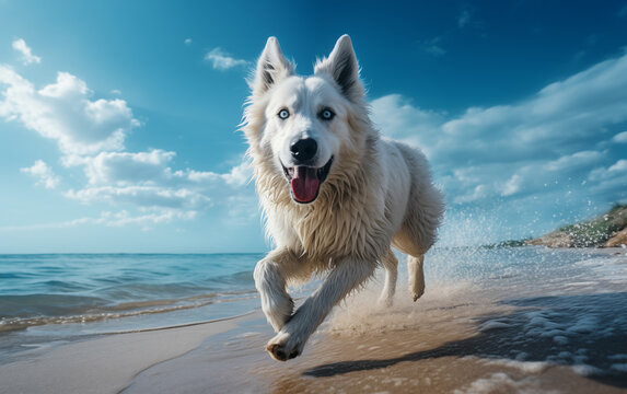 Un chien de race berger blanc suisse courant sur une plage