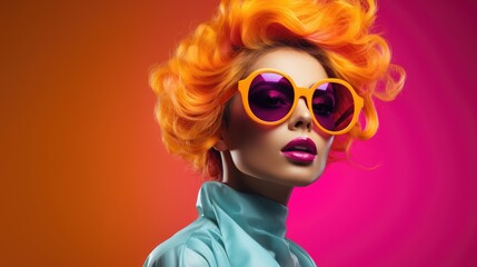 High fashion model woman in colorful bright lights posing in studio, Portrait of beautiful sexy girl with trendy make-up on colorful background.