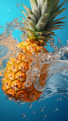 Fresh pineapple falls in water, with splashes and air bubbles