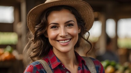 Proud attractive female farmer standing smiling, agriculture concept	