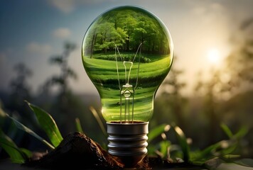 Light bulb with green energy, renewable energy sources, earth day or environment protection