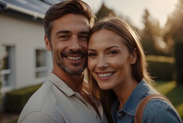 A happy couple stands smiling in the driveway of their new home