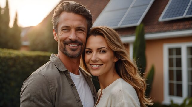 A happy couple stands smiling in the driveway of a large house with solar panels installed. Eco-friendly home concept	