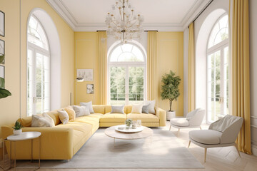 Fototapeta premium European interior design of a living room in an apartment house, warm colors, white yellow soft colors. AI Generative.