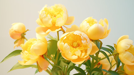 Bouquet of stylish peonies close-up. Yellow peony flowers. Close-up of flower petals. Floral greeting card or wallpaper. Delicate abstract floral pastel background. Greeting card. Generated AI