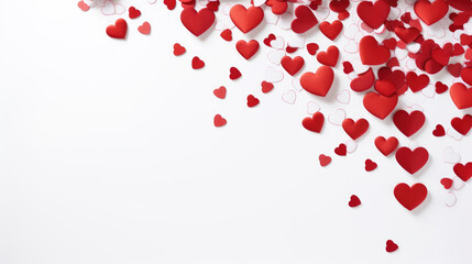 Red heart-shaped cutouts scattered on a white background