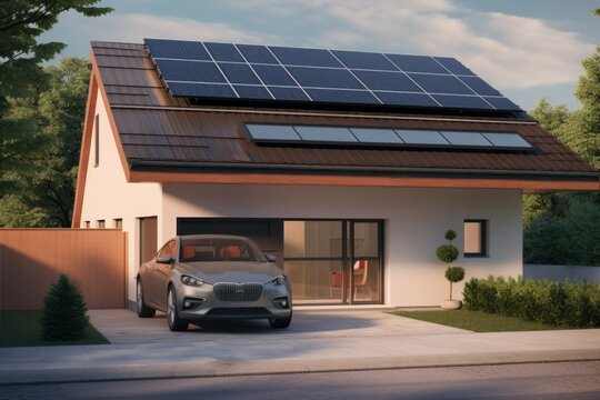 English House with Solar Panels on roof for electisity