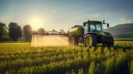 Tractor in the middle of a field, spraying crops with a boom sprayer - obrazy, fototapety, plakaty