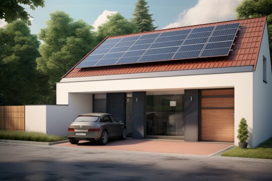 English House with Solar Panels on roof for electisity