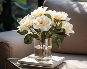 white beautiful flower floral roses in glasses vase decorating home interior items house beaufitul...