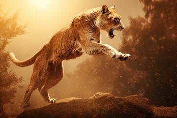 African puma cougar in the wild, in an aggressive predatory leap at sunset. AI generated.
