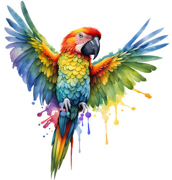 Parrot cartoon colorful vibrant watercolor vector paint Macaw