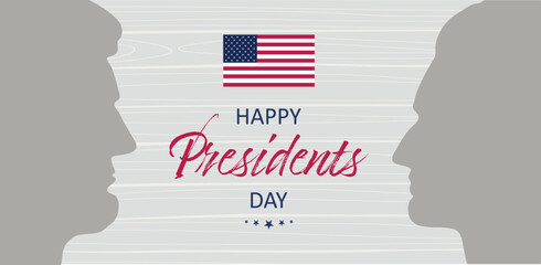 Happy Presidents Day banner. Congratulations on the federal holiday in America. Banner with silhouettes of faces US presidents. Profile Lincoln, Washington on wooden background. - obrazy, fototapety, plakaty