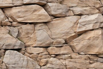 Light brown rock texture. Mountain rough surface. Close-up. Stone wall background with copy space for design. Wide banner. Panoramic.