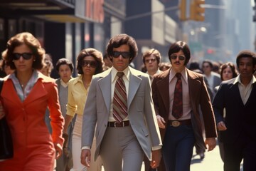 Crowd of people walking street in 1970s