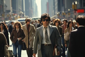 Crowd of people walking street in 1970s