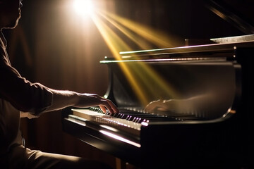 A male pianist in a tuxedo plays a piece of music on the piano on the performance stage. AI...