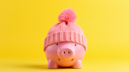 Piggy bank wearing a knit hat with a pom-pom on top, against a vibrant yellow background