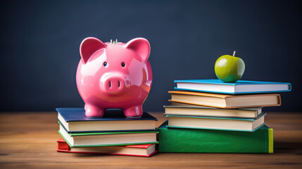 Piggy bank with books against school desk