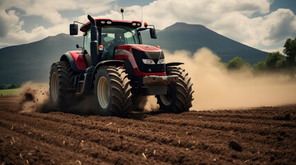 Obraz premium Tractor plowing a field, with dust being kicked up by the tires