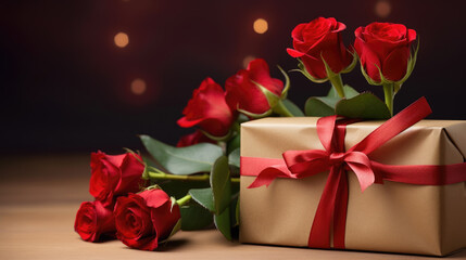 Bouquet of red roses lying next to a gift wrapped in paper