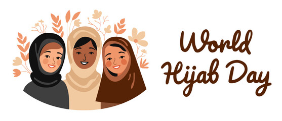 Covered girls in hijab holding flowers. International Hijam Day. Three Muslim women are smiling. Flat, cartoon, vector. - obrazy, fototapety, plakaty