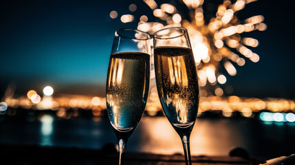New Years celebration with fireworks and champagne glasses at night comeliness - obrazy, fototapety, plakaty